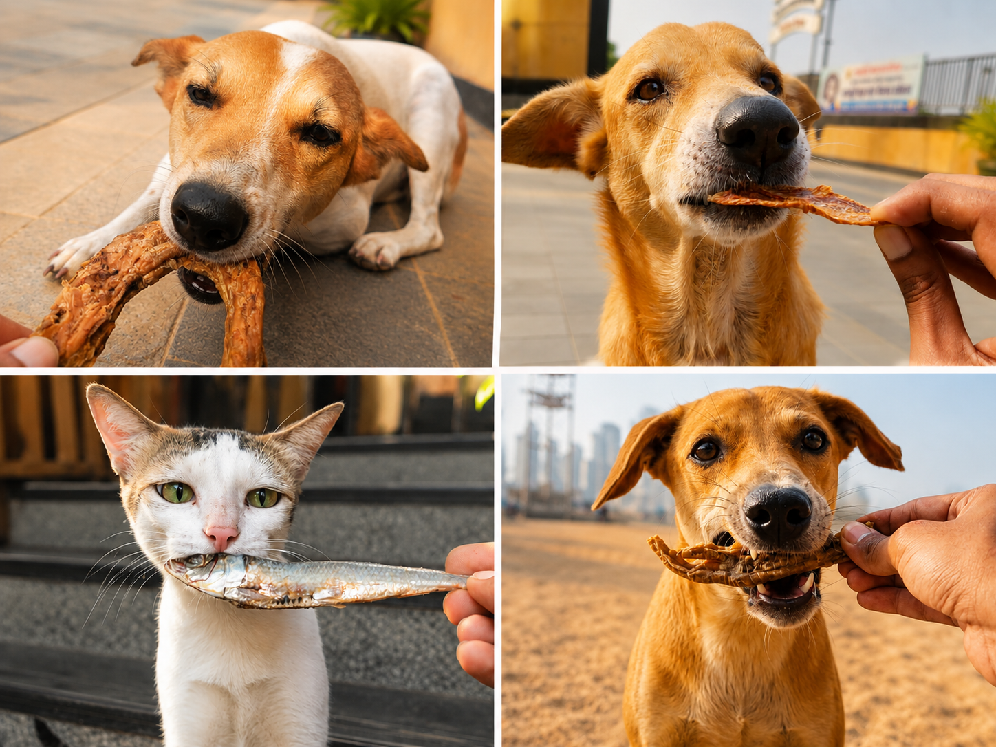 Collage of dogs enjoying naturally dehydrated treats