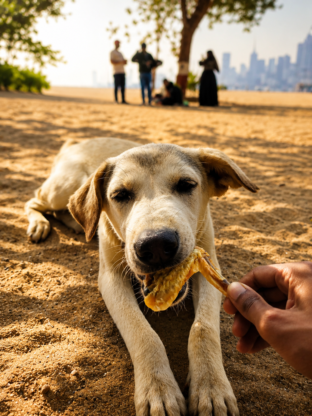 A dog enjoying a natural treat outdoors